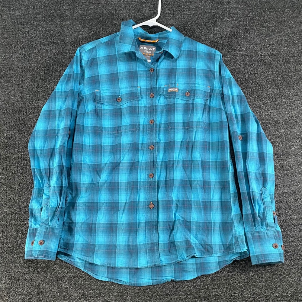 Ariat Rebar Work Shirt Womens Medium Blue Teal Plaid Durastretch 10048715 Good